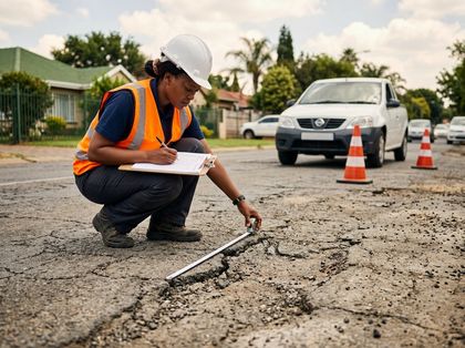 Mothetho Civils site supervisor doing a tar road assessment in Gauteng