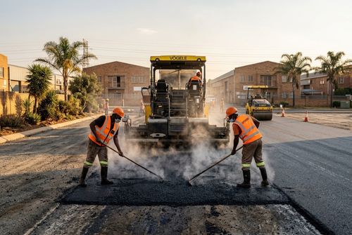 Mothetho Civils crew laying fresh tar surfacing at a Gauteng business site